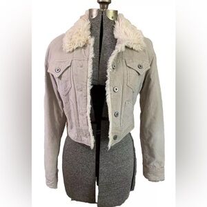 Trucker Jacket Medium Tan Cropped Faux Fur Cotton Outer Retro Penny Lane